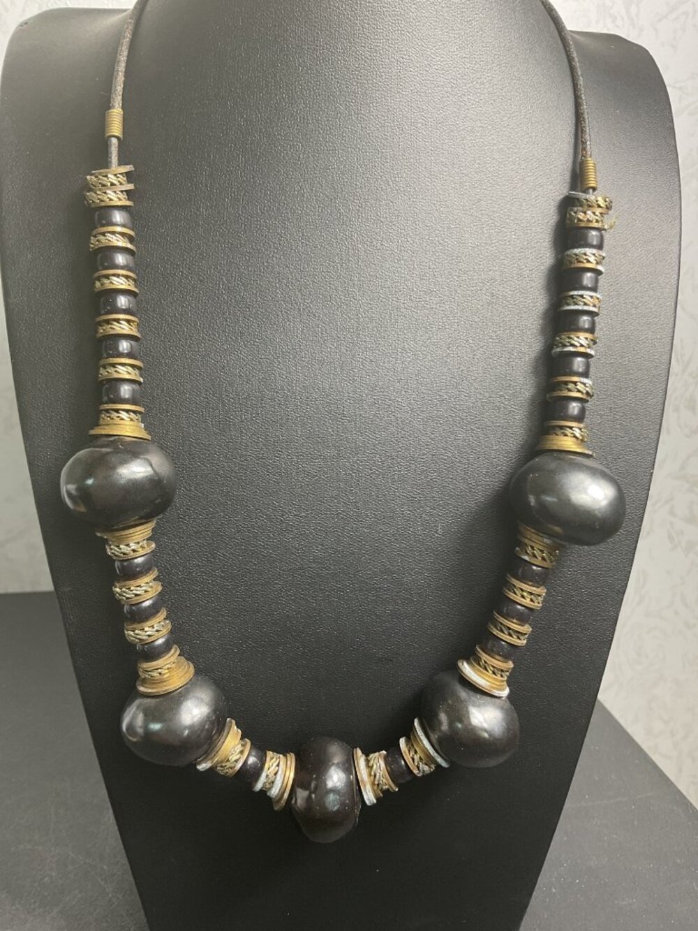 Vintage 90s Brutalist Tribal Hematite Bead Brass Chunky Statement Necklace Retro